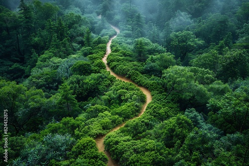 The photo shows a path in the middle of the forest with green trees on both sides. © Paisan
