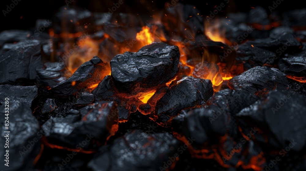 BBQ grill with glowing and flaming hot charcoal briquettes, close-up BBQ grill with glowing and flaming hot charcoal briquettes, close-up