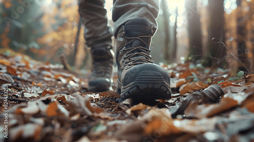 Close Up of Hiker Boots Walking Along Autumn Forest Path Carpeted With Fallen Leaves