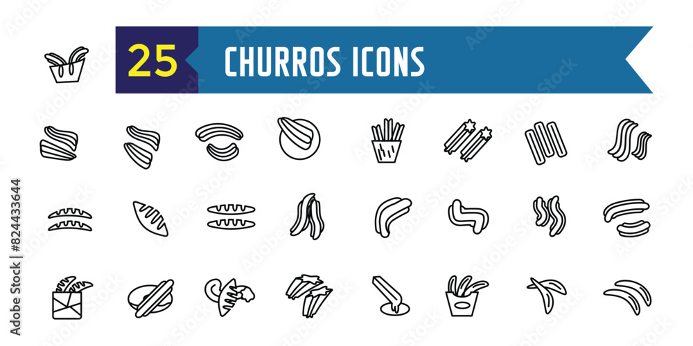 Churros icons set outline vector. Mexican chocolate. Churro food. Outline icon collection. Editable stroke.