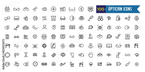 Optician icons set. Outline set of optician vector icons for ui design. Outline icon collection. Editable stroke.