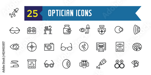 Optician icons set. Outline set of optician vector icons for ui design. Outline icon collection. Editable stroke.