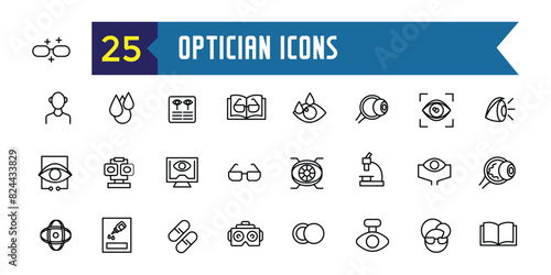 Optician icons set. Outline set of optician vector icons for ui design. Outline icon collection. Editable stroke.
