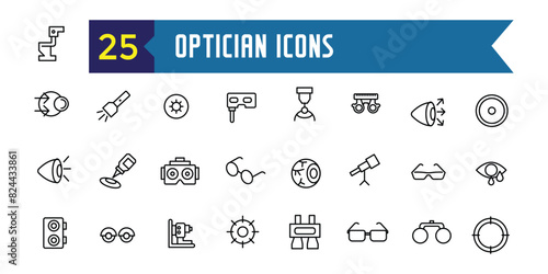 Optician icons set. Outline set of optician vector icons for ui design. Outline icon collection. Editable stroke.
