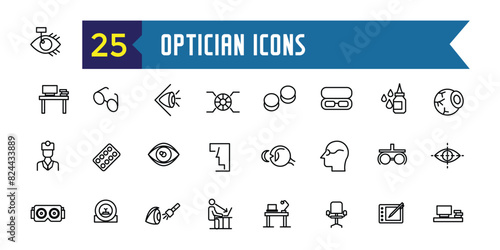 Optician icons set. Outline set of optician vector icons for ui design. Outline icon collection. Editable stroke.