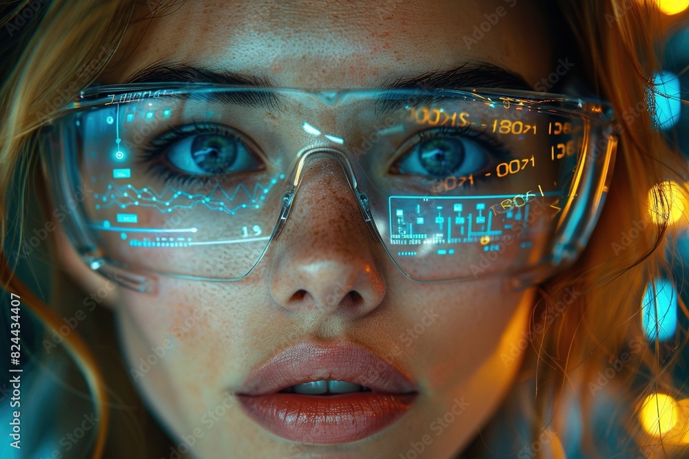 A woman wearing protective goggles is watching an electric screen A woman wearing protective goggles is watching an electric screen