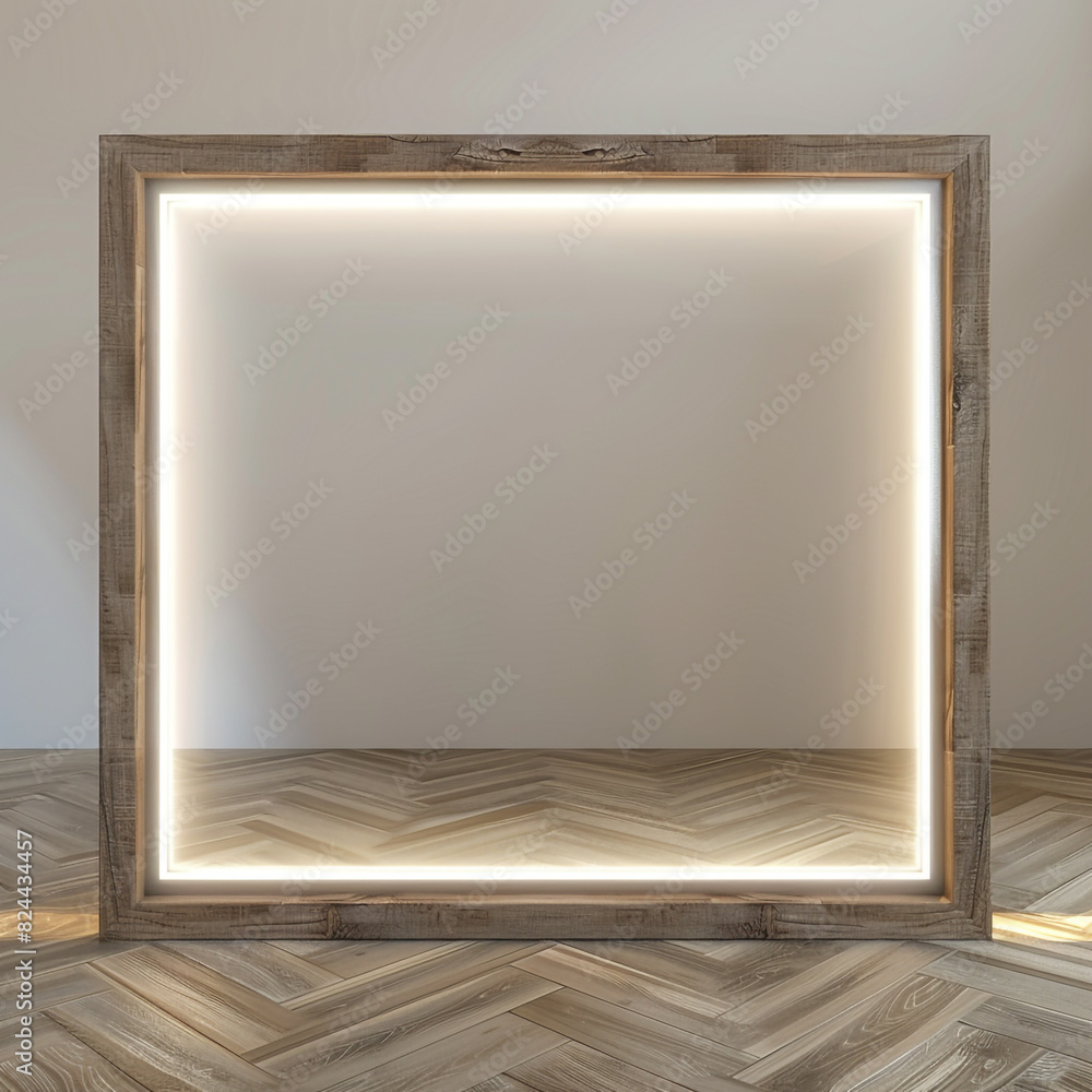 Contemporary wooden frame with a silver light border in an empty room with a wooden floor. Contemporary wooden frame with a silver light border in an empty room with a wooden floor.