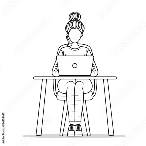 Business woman seating on chair using laptop at the laptop desk, front view, outline illustration, isolated on white background