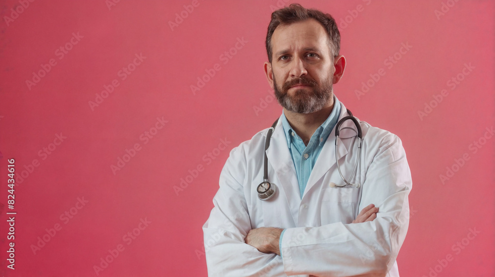 Portrait of a male doctor in a medical gown on a pink background. Medical specialist in the clinic. Portrait of a male doctor in a medical gown on a pink background. Medical specialist in the clinic.