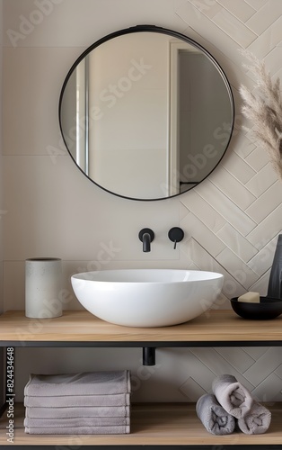Modern bathroom with herringbone wall  round mirror and wooden vanity on black metal shelf  front view