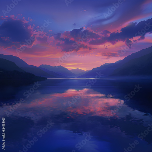 Tranquil Evening at Lakeside: Silhouette of Mountains Reflecting in Calm Waters at Dusk