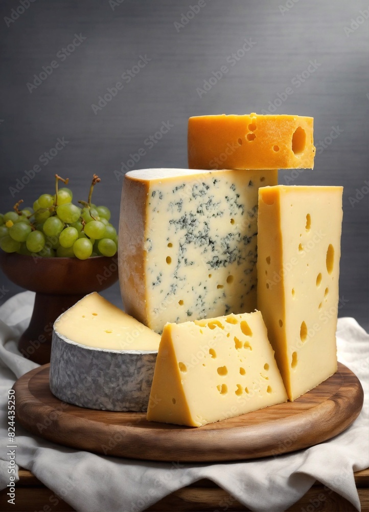 Assorted different types of hard cheese, cut into pieces of different sizes.Generative AI.