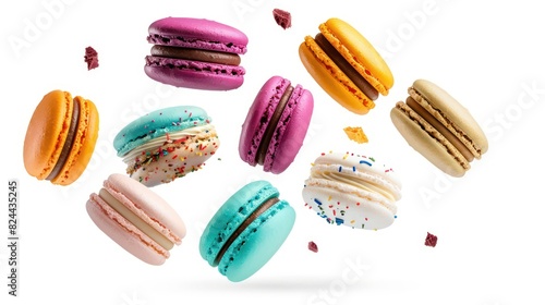 Wallpaper Mural Assorted colorful macarons captured in mid-air on a clean white background, creating a sense of motion and variety Torontodigital.ca