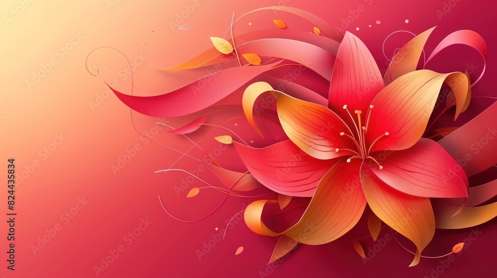 A 3D render of an abstract cut paper lily, isolated on red background A 3D render of an abstract cut paper lily, isolated on red background