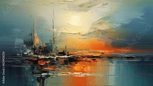 A Contemporary Oil Painting on Canvas with a Brown and Orange Background In The Style of Dark Sky-Blue and Light Aquamarine Landscape