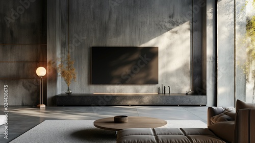 Living room interior have cabinet for tv in cement room with concrete wall