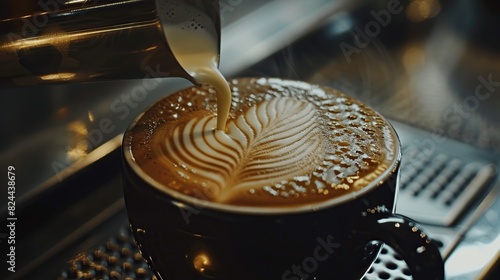 Café latte art in a coffee shop, a macro shot a barista making a cappuccino with milk. Generative Ai