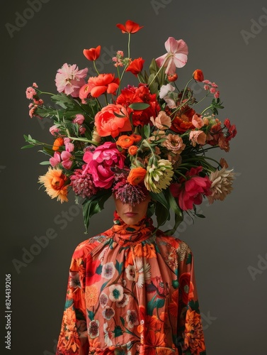 Young woman model with a bouquet of multi-colored flowers on her head on a grey background in fashion editorial style.