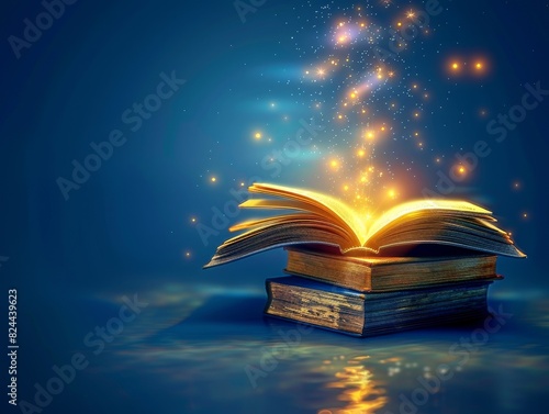 An open book with glowing pages rests on a stack of books against a dark blue backdrop, leaving room for text above