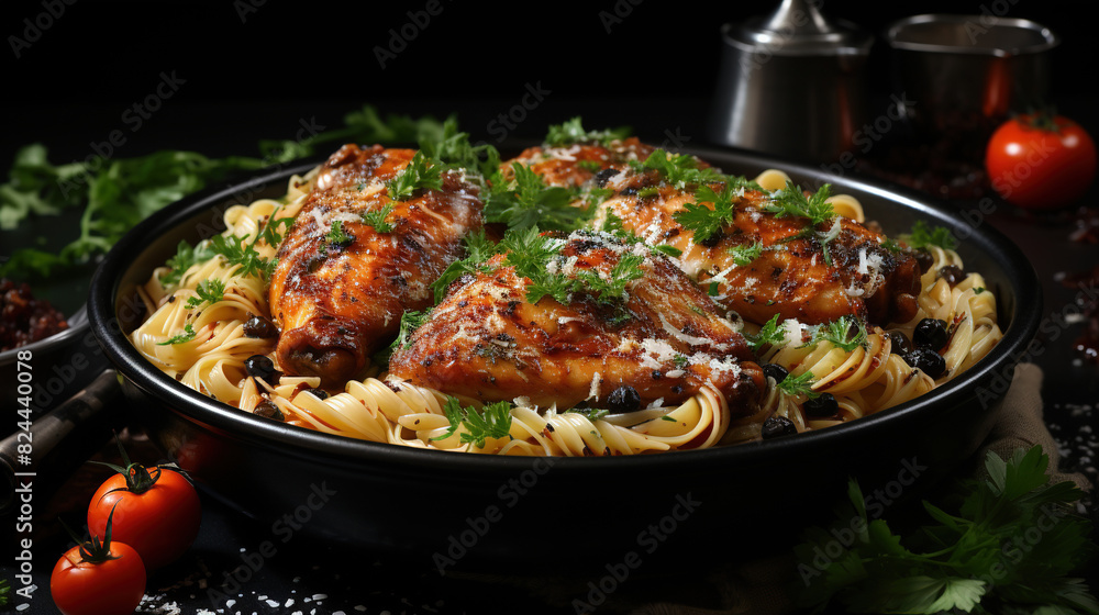 Delicious Chicken and Pasta Dish Placed on Wooden Table Background