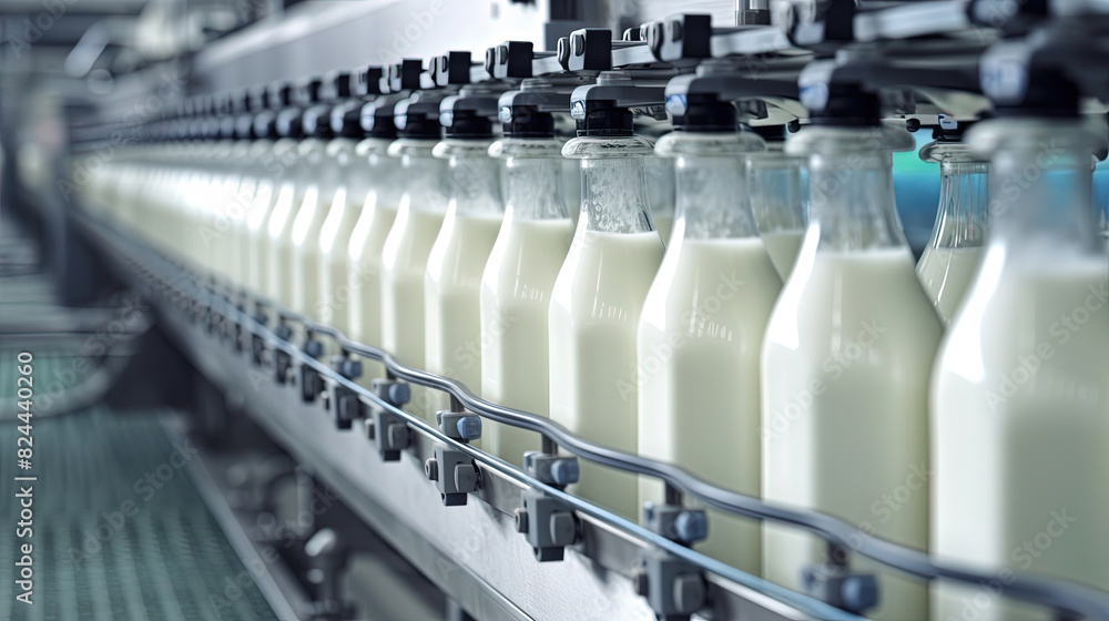 Glass Bottles with A Dairy Product On A Production Line Dairy Plant Production Line on Blurry Background Glass Bottles with A Dairy Product On A Production Line Dairy Plant Production Line on Blurry Background