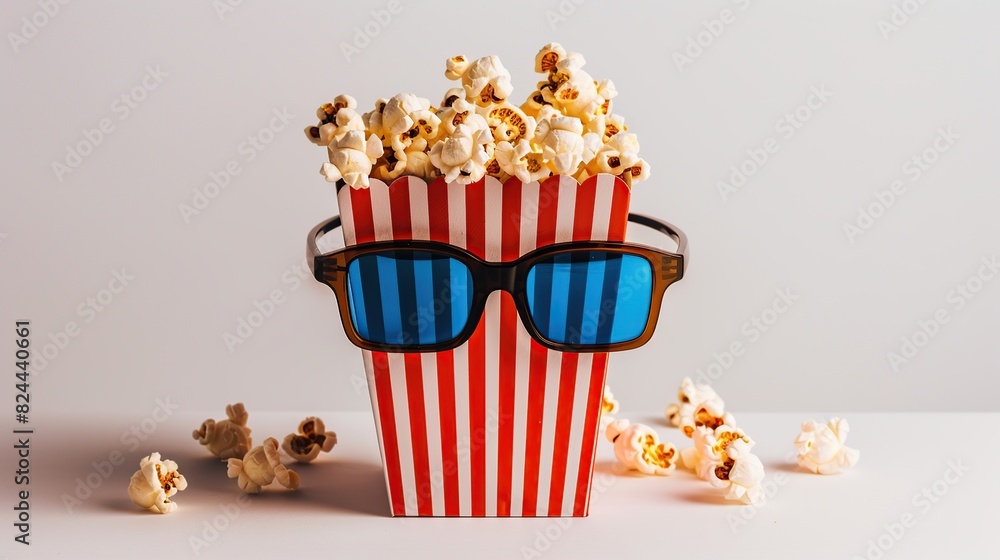 glasses with popcorn box on white background . Generative Ai