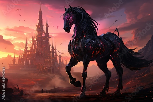 demonic villainous horse with sunset landscape with fantasy castle on background photo