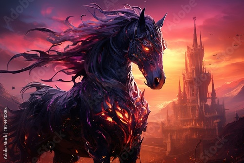 infernal villainous horse prancing with sunset landscape with castle on background photo
