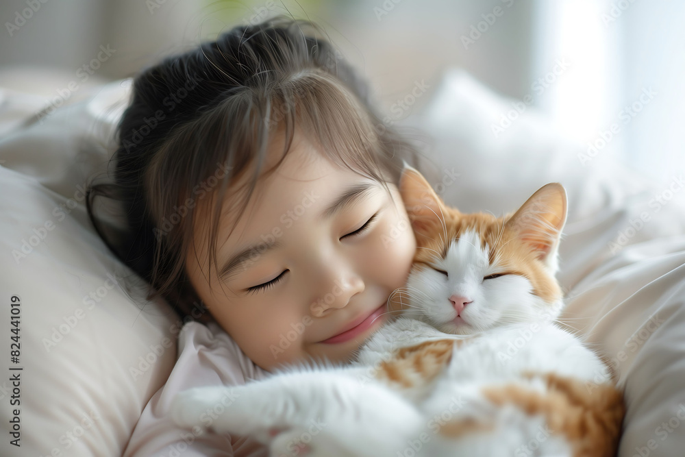 Close-up of a girl holding a yellow-white cat filled with happiness warmth, and a euphoric mood on a minimalist pastel background. Close-up of a girl holding a yellow-white cat filled with happiness warmth, and a euphoric mood on a minimalist pastel background.