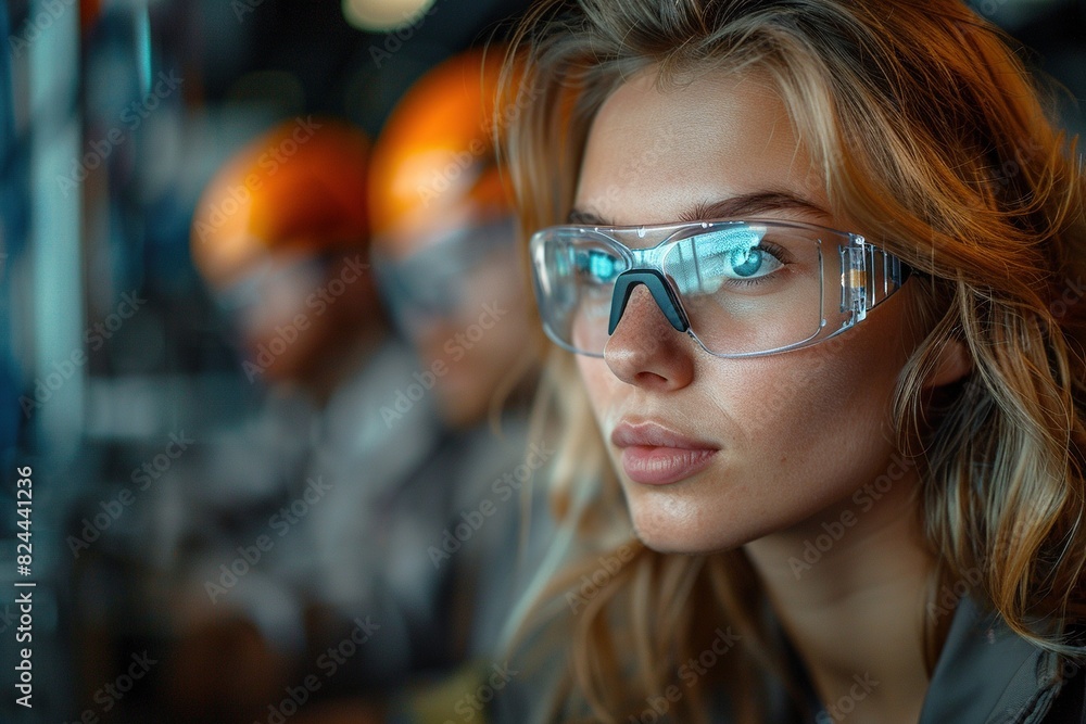 A woman wearing protective goggles is watching an electric screen A woman wearing protective goggles is watching an electric screen