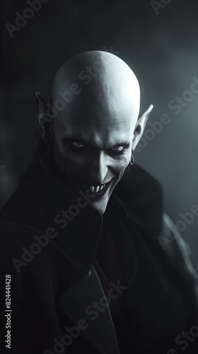 A brooding vampire with pale skin and dark, intense eyes, standing in the shadows with a hint of danger lurking behind his charismatic smile. 32k, full ultra HD, high resolution