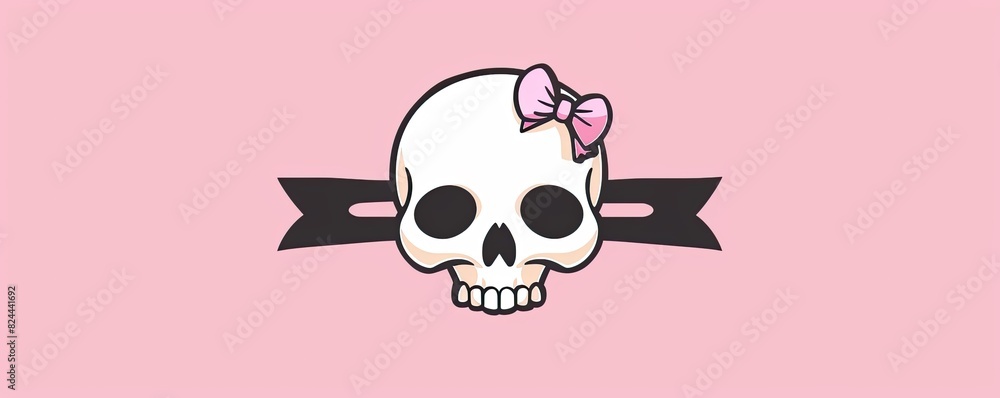logo, pink and white color scheme with black outlines of a cute skull bow on top logo, pink and white color scheme with black outlines of a cute skull bow on top