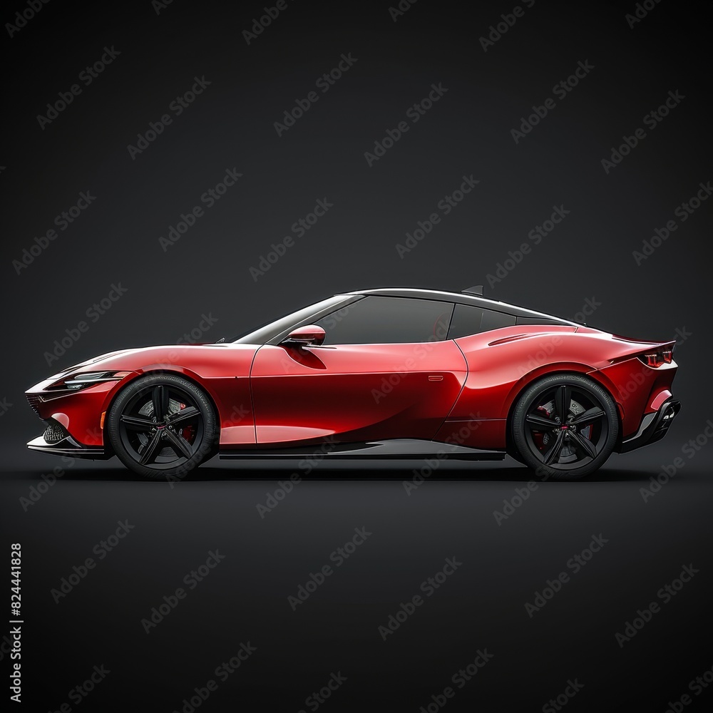 3D rendered red sports car, side view, on isolated dark grey background