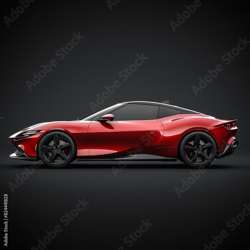 3D rendered red sports car, side view, on isolated dark grey background
