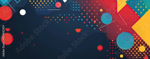 red background with simple geometric shapes and colorful dots, a simple flat vector illustration style. It has a modern design feel and uses vibrant colors