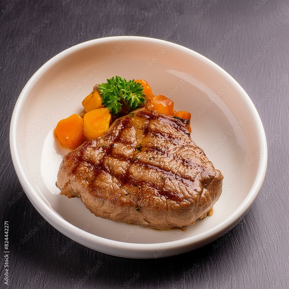 Medium-Cooked Steak with Garnish on White Plate Medium-Cooked Steak with Garnish on White Plate