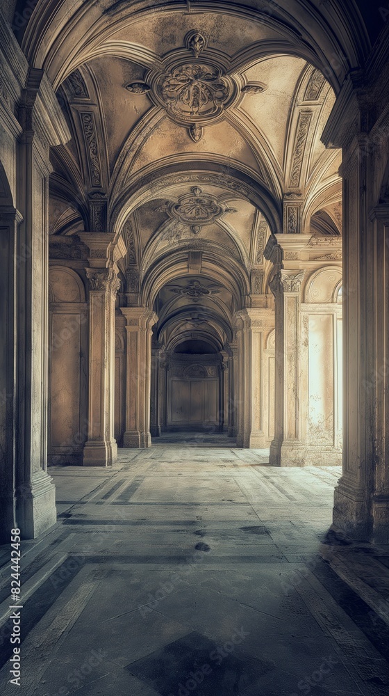 A panoramic view of the empty throne room, its vastness accentuated by the absence of life. The air is heavy with the scent of age and decay, yet there is a timeless beauty to the ch