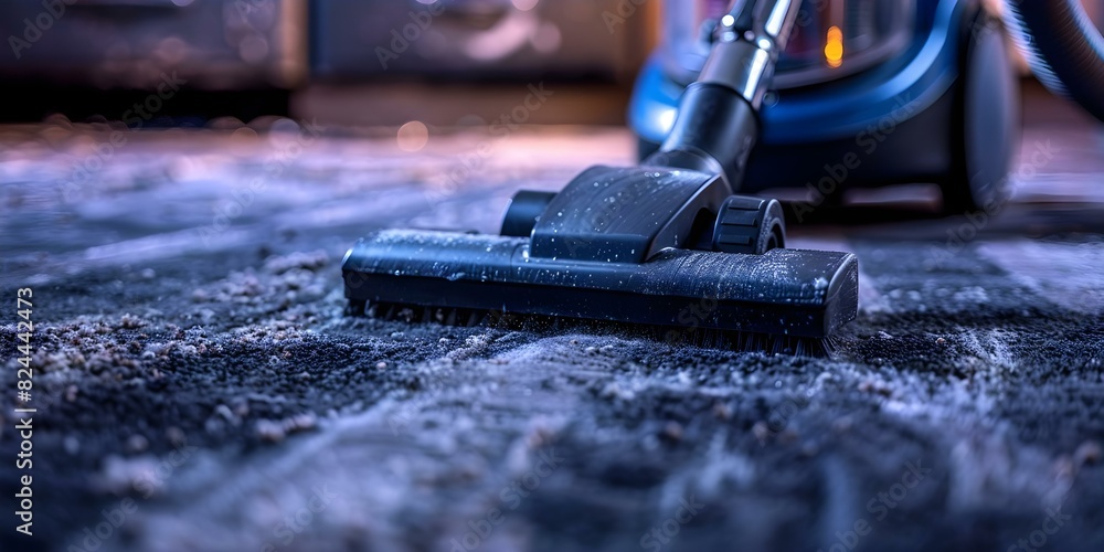 Closeup of vacuum cleaner cleaning dirty gray carpet in housecleaning style. Concept Carpet Cleaning, Household Chores, Dirty carpet, Vacuum cleaner, Home Cleaning