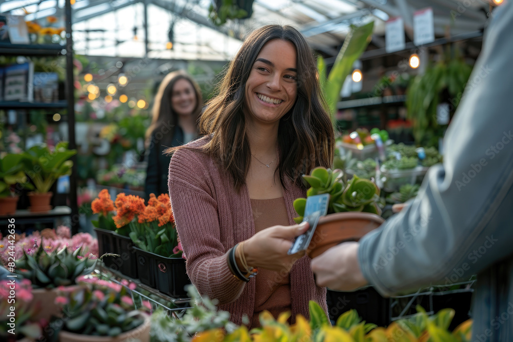 A woman in her late thirties, smiling and holding out a credit card to pay for plants at the garden center where she's shopping.