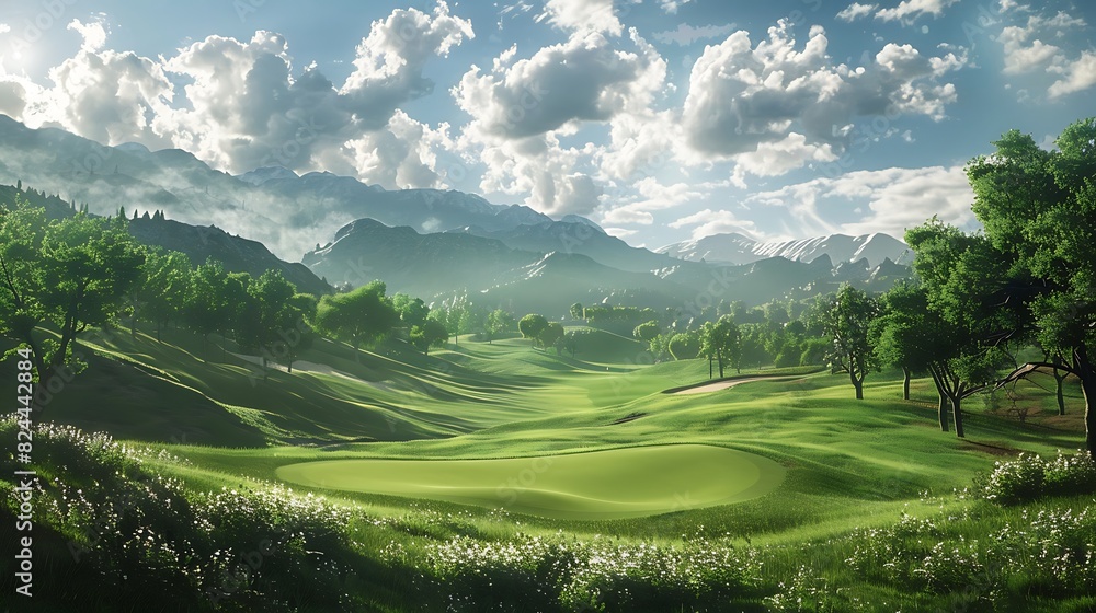 The verdant green of a rolling golf course beckons players to tee off and enjoy a day in the great outdoors.