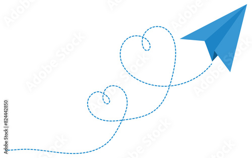 Blue paper plane with dotted path. Vector design element. paper plane flying on white background. eps 10