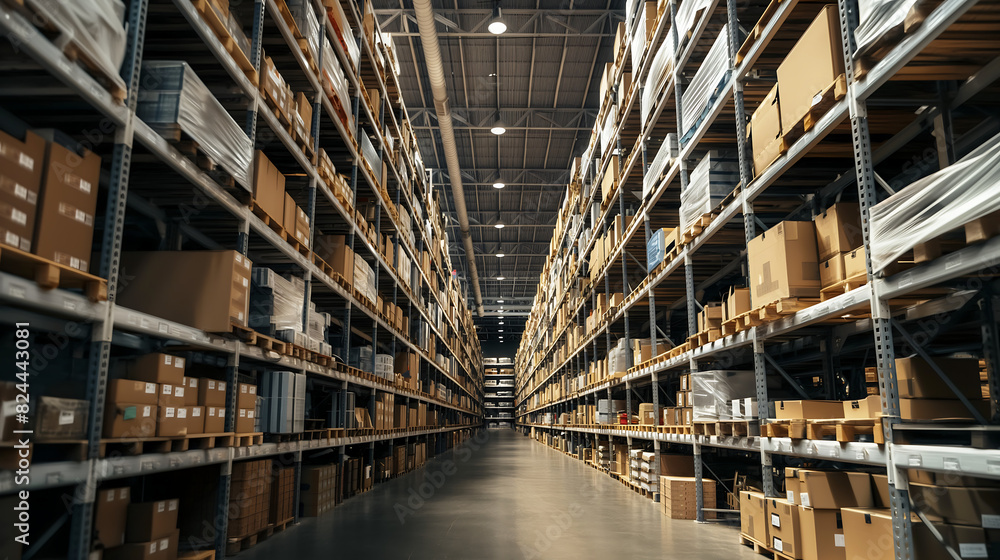 wide shot of warehouse with high shelves filled with boxes and products wide shot of warehouse with high shelves filled with boxes and products