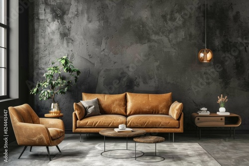 3D rendering of a modern interior design with a gray concrete wall, brown leather sofa and armchair in the living room background photo