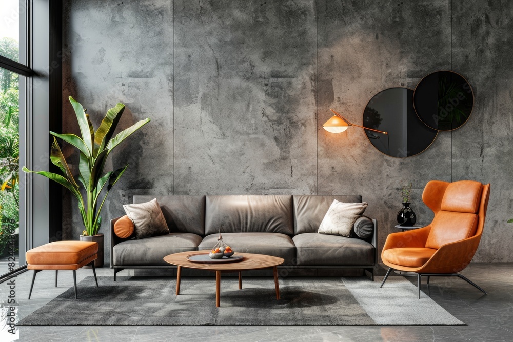 3D rendering of a modern interior design with a gray concrete wall, brown leather sofa and armchair in the living room background 3D rendering of a modern interior design with a gray concrete wall, brown leather sofa and armchair in the living room background