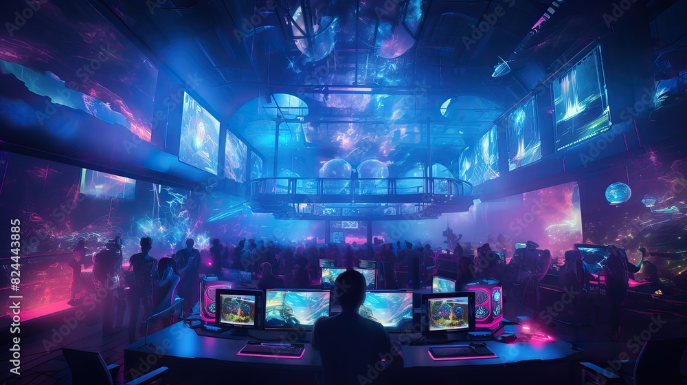 Online sports and gaming community, with game operator audience and blue light in the background Online sports and gaming community, with game operator audience and blue light in the background