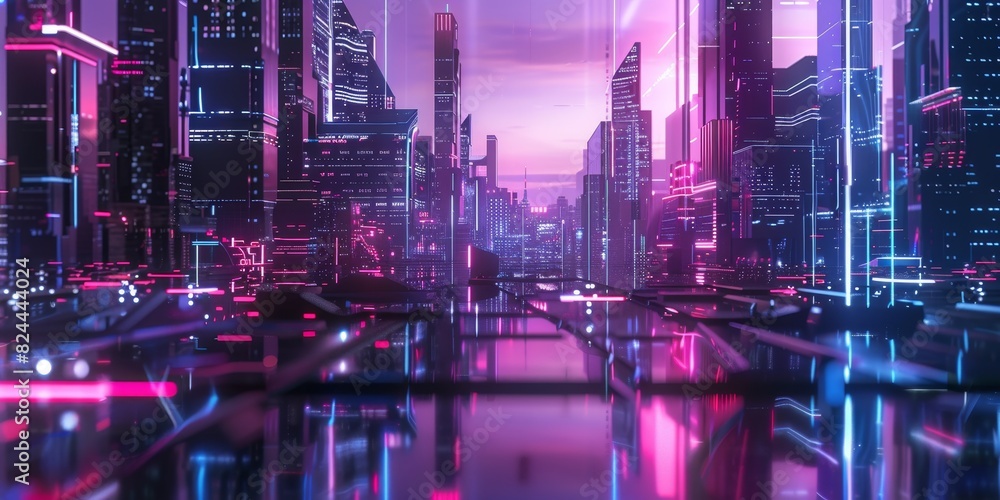 A cityscape with neon lights and a pink sky generated by AI