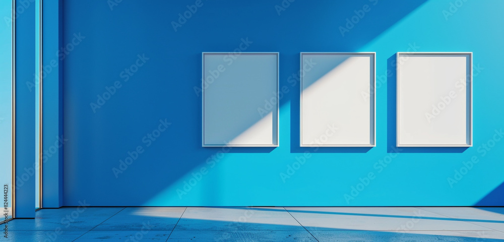 Sleek blank gallery wall on a bright blue background, sophisticated and modern Sleek blank gallery wall on a bright blue background, sophisticated and modern