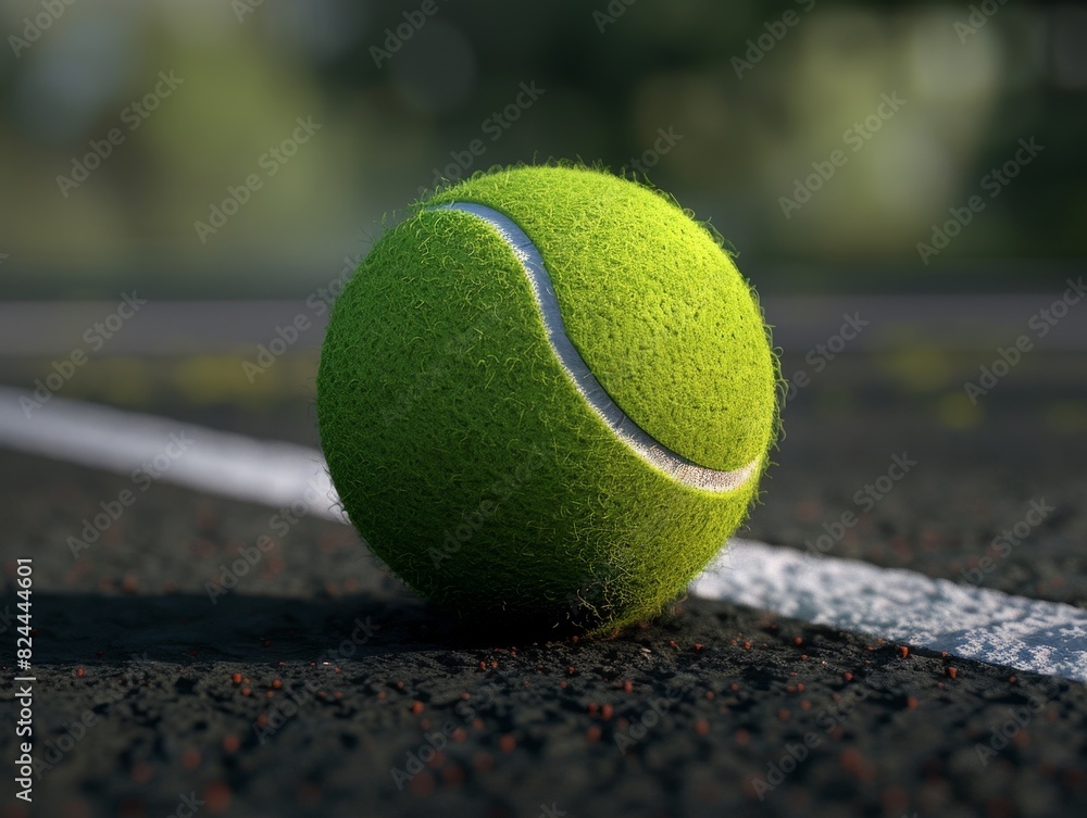 3D rendered green tennis ball, close up, on isolated court surface background