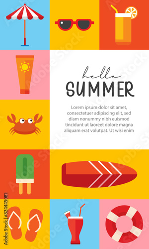 Hello summer poster and banners design. Summer with objects elements background.