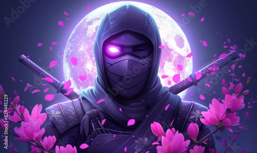 Portrait of a Ninja with Glowing Purple Eyes and Katanas with Full Moon and Pink Flowers photo